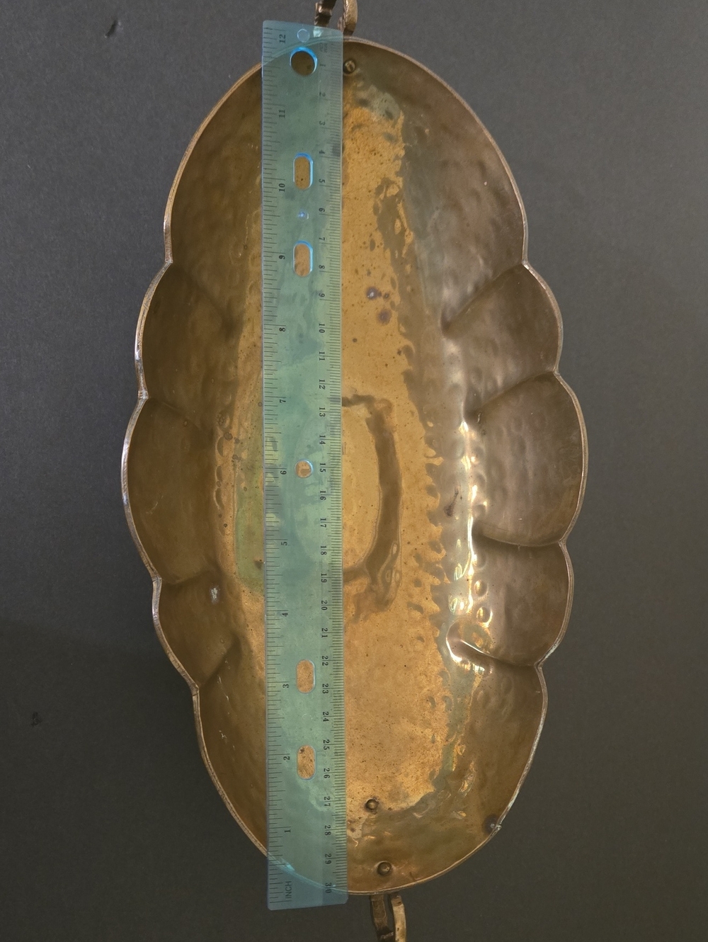 Vintage Scalloped Oval Brass Footed Centerpiece Bowl with Handles - Picture 8 of 13
